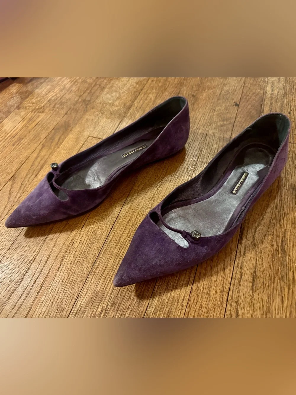 Giorgio Armani Deep Purple Suede Pointed-Toe Flats with Crystal Accent - 39.5